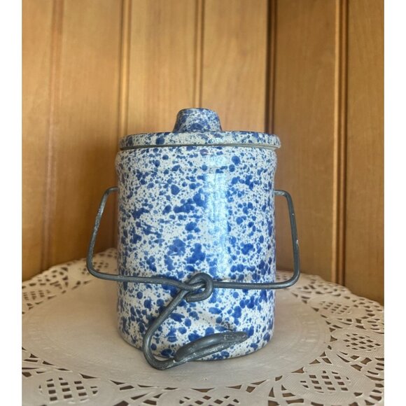 Vintage Speckled Farmhouse Stoneware Crock Lid Kitchen Storage Jar Country Decor - Picture 5 of 7